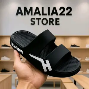 Sandal Pria Wanita Sporty Hitam dengan Desain Tali Ganda Logo Putih Nyaman untuk Olahraga dan Santai