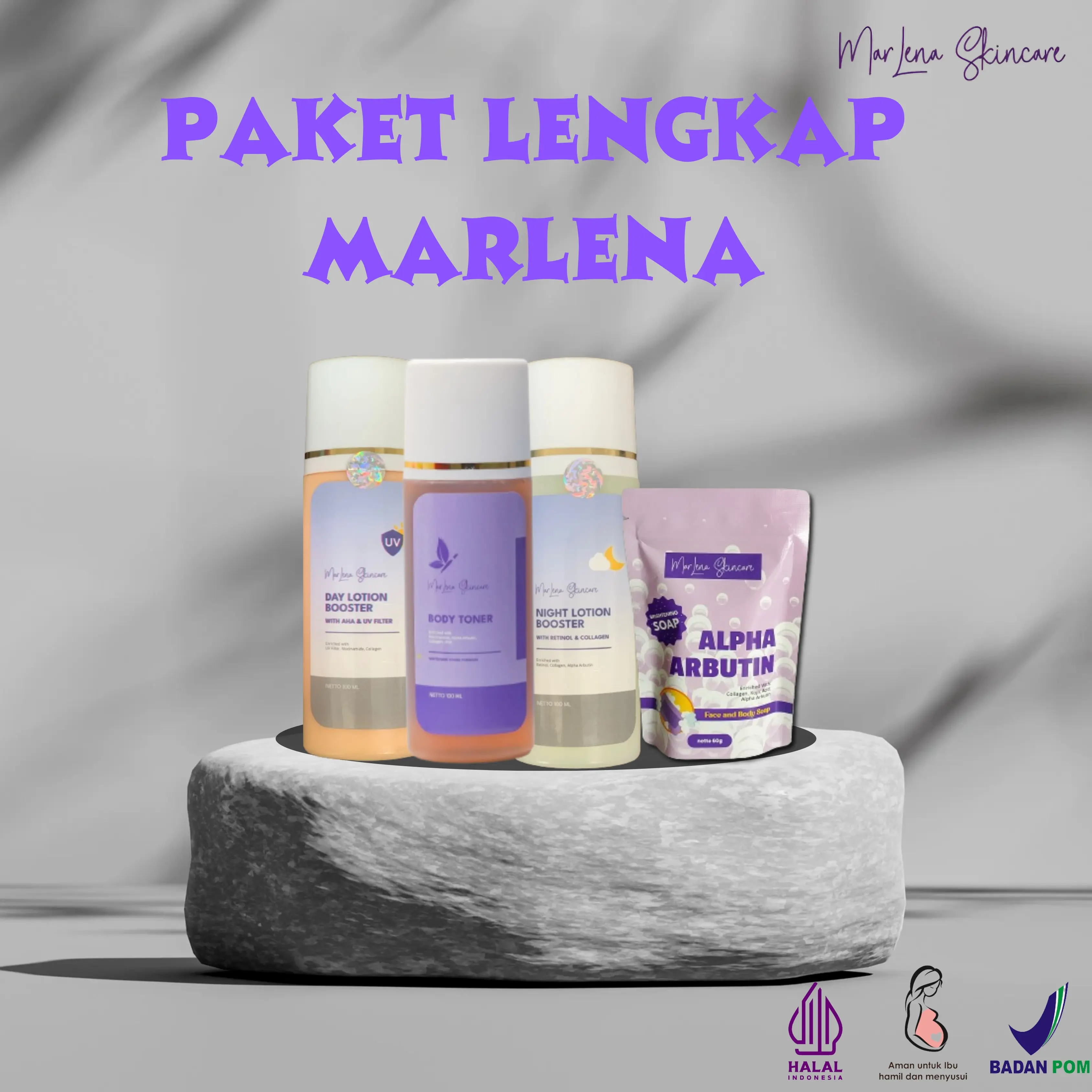 PAKET LENGKAP ISI 4 PCS LOTION BOOSTER DOSTING  DAY DAN NIGHT DAN TONER MARLENA DAN SABUN MARLENA BPOM