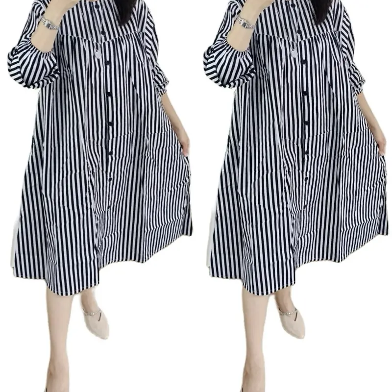 Tunik salur jumbo /Tunik Wanita Dewasa Salur Ld 125 /Atasan Panjang Katun Motif Hitam Garis Putih Baju Kancing Tangan Karet Casual