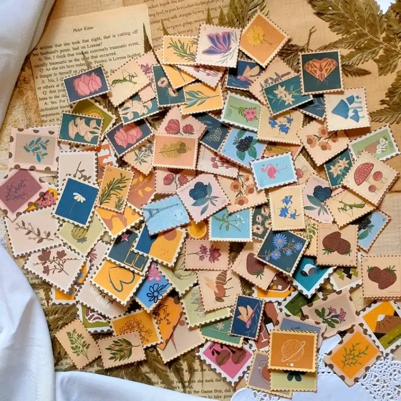 (50 Stiker) Stiker Dekorasi Perangko Vintage Aesthetic | Stiker Bentuk Perangko | Stiker Journal | Sticker Freebies 1