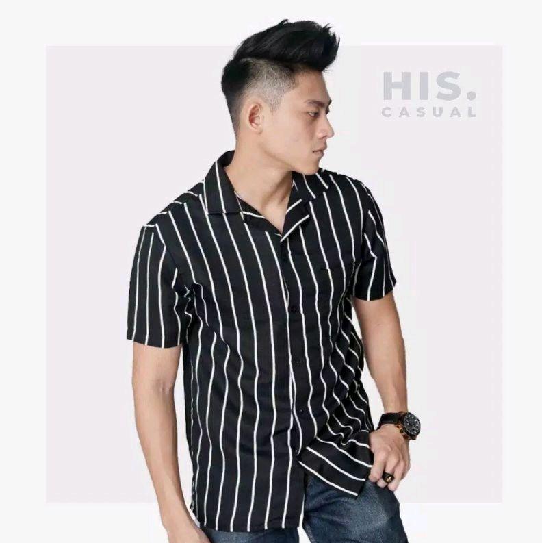 Kemeja Salur Stripe Unisex Lengan Pendek Hem Kasual V Neck Garis Distro 5