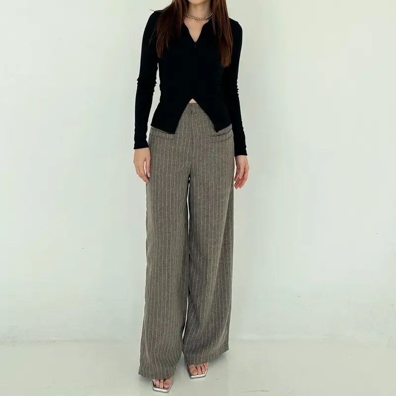[Poshy] Kimberly Loose Stripe Pants Highwaist Semiwool Pockets Celana Panjang Wanita Premium Straight Trouser Celana Garis 5