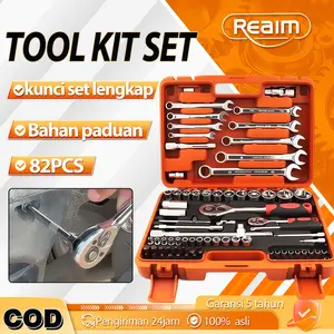 REAIM Tool Box Set Lengkap Kunci Set Lengkap 82 PCS Toolkit Set Perkakas Rumah Tangga Lengkap Praktis Mudah Disimpan untuk Kebutuhan Rumah