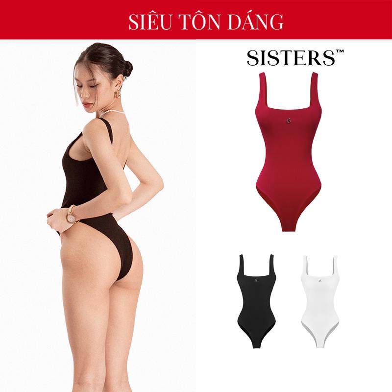 Bodysuit nữ hở lưng dây mảnh SISTERS cổ vuông có cúc bấm màu đen, trắng, đỏ chất thun co giãn siêu tôn dáng Soft I SS4-J1