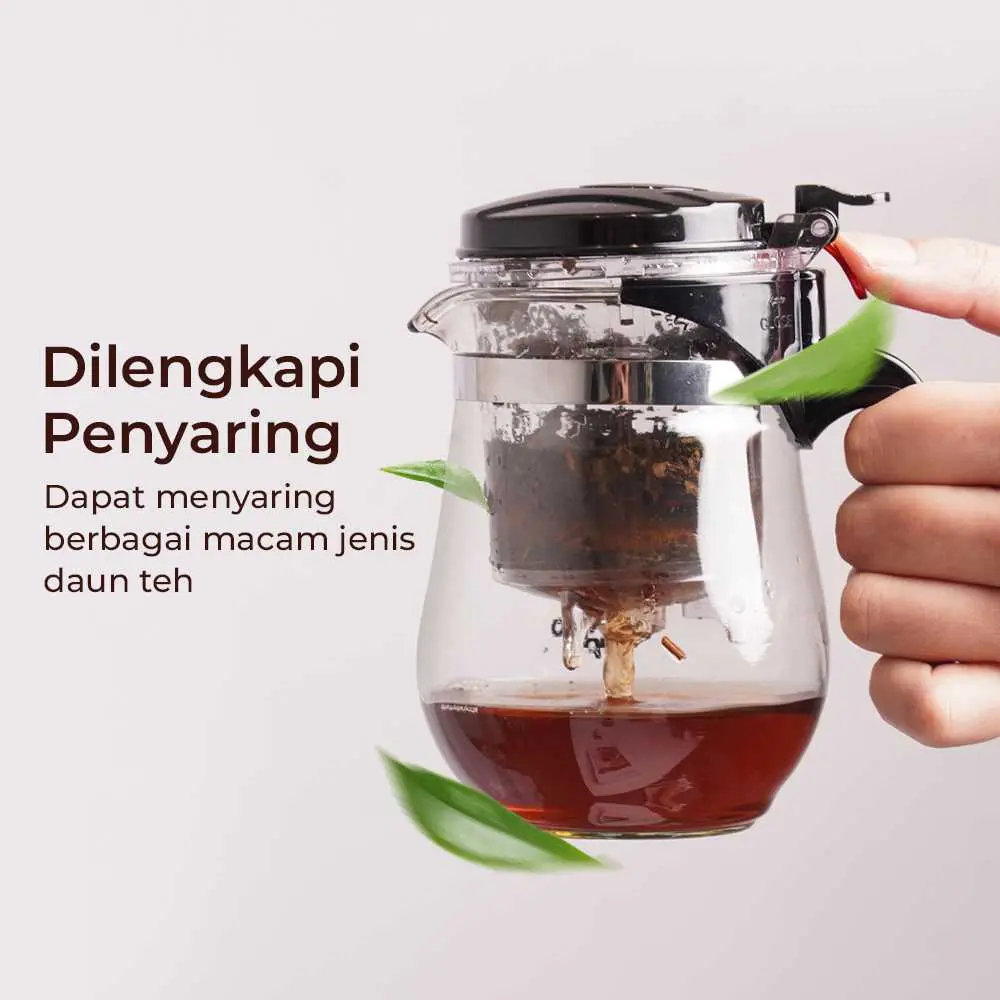 teko teh kaca dengan saringan infuser filter rempah anti panas