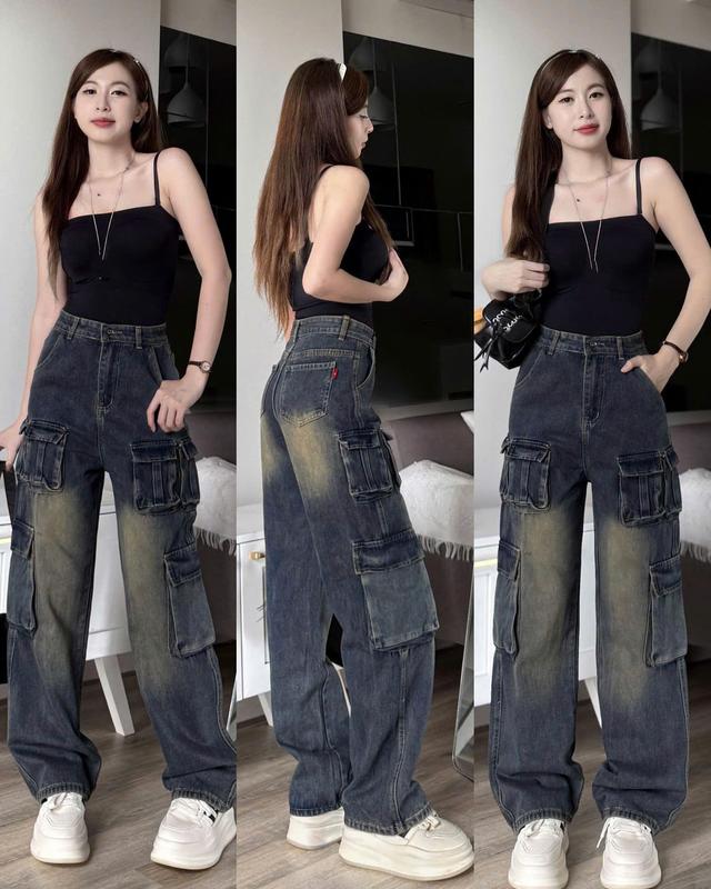 Quần Jeans Nữ Ống Rộng Túi Hộp Phối 6 Túi Cá Tính ,Chất Jeans Bò Dày Mịn Thời Trang Cá Tính Pants Women Baggy Denim Ong