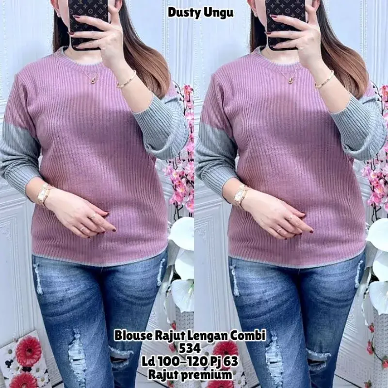 SILVA Blouse Rajut Lengan Combi baju sweater salur tangan combi Knitwear Wanita Panjang Top Nyaman Atasan 2