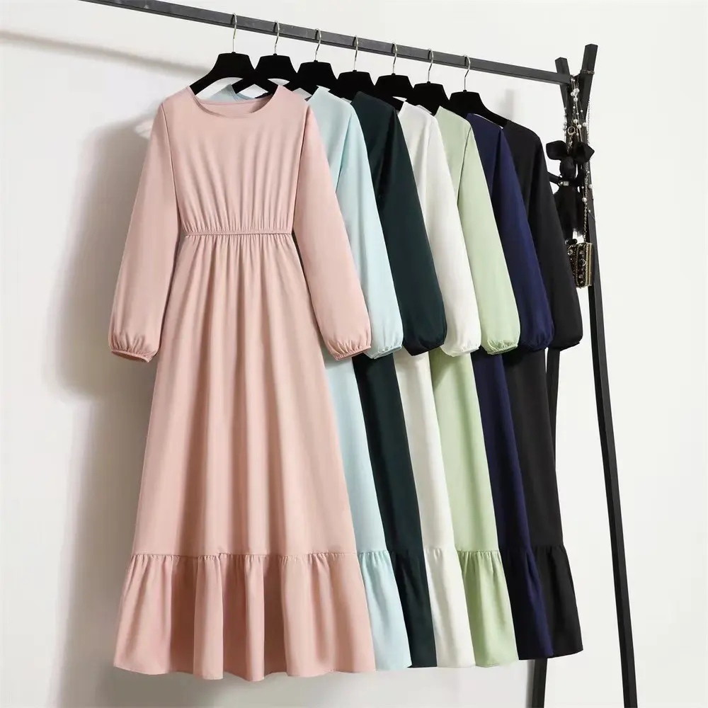 Cross-Border Foreign Trade  Women's New Long Dress Solid Color Pullover Long Sleeve Waist A- line Dress