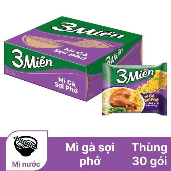 Thùng 30 Gói Mì 3 Miền Gà Sợi Phở 65g x 30 gói - UN37T date tháng 4/2027