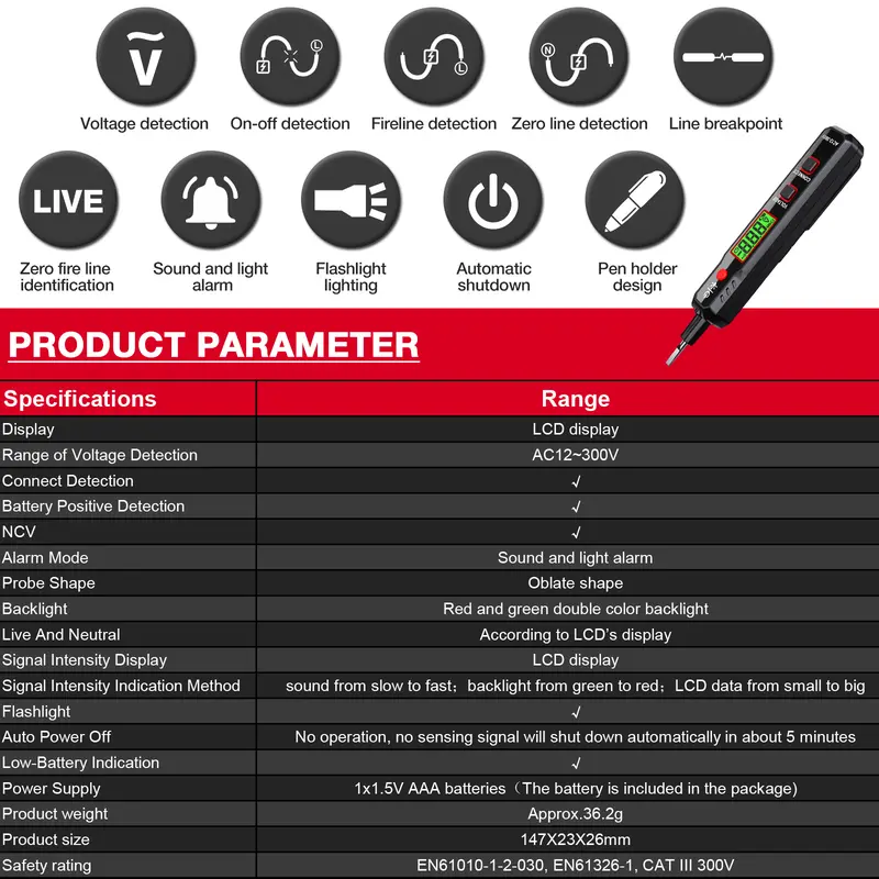 HABOTEST HT89 Pen Type AC Voltage Detector NCV 12~300V Voltage Tester For Live/Null Wire With Flashlight LCD Display Breakpoint Finder 2