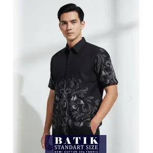KEMEJA BATIK PRIA LENGAN PENDEK M, L, XL - BAHAN KATUN 40s TEBAL NYERAP KERINGAT NYAMAN COCOK UNTUK KE ACARA FORMAL KERJA SEHARI HARI Motif Printing Hitam Coklat Slimfit Hem