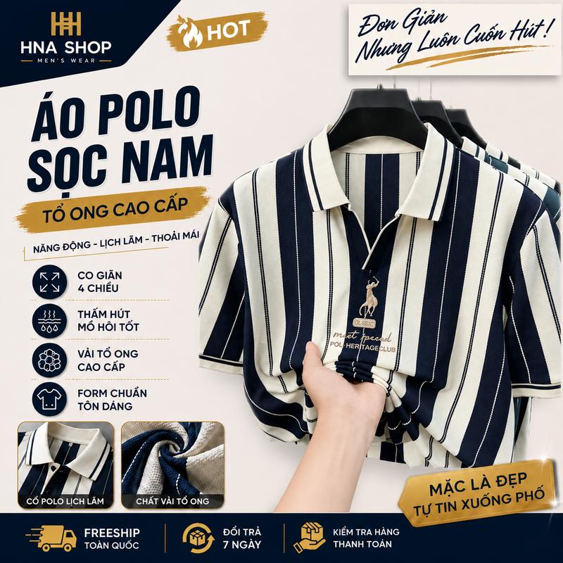 Áo Polo Nam Kẻ Sọc Dọc Chất Cotton Mặc Mịn Mát – Chất Thun Dệt Co Giãn 4 Chiều, Đổi Trả Hàng Thoải Mái