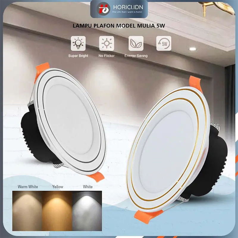 HORICI LAMPU PLAFON LED / LAMPU DOWNLIGHT LED MODEL MULIA  5W BODY SILVER & GOLD LAMPU PUTIH / WARM WHITE / 3 WARNA-PUTIH+KUNING+WW Saklar