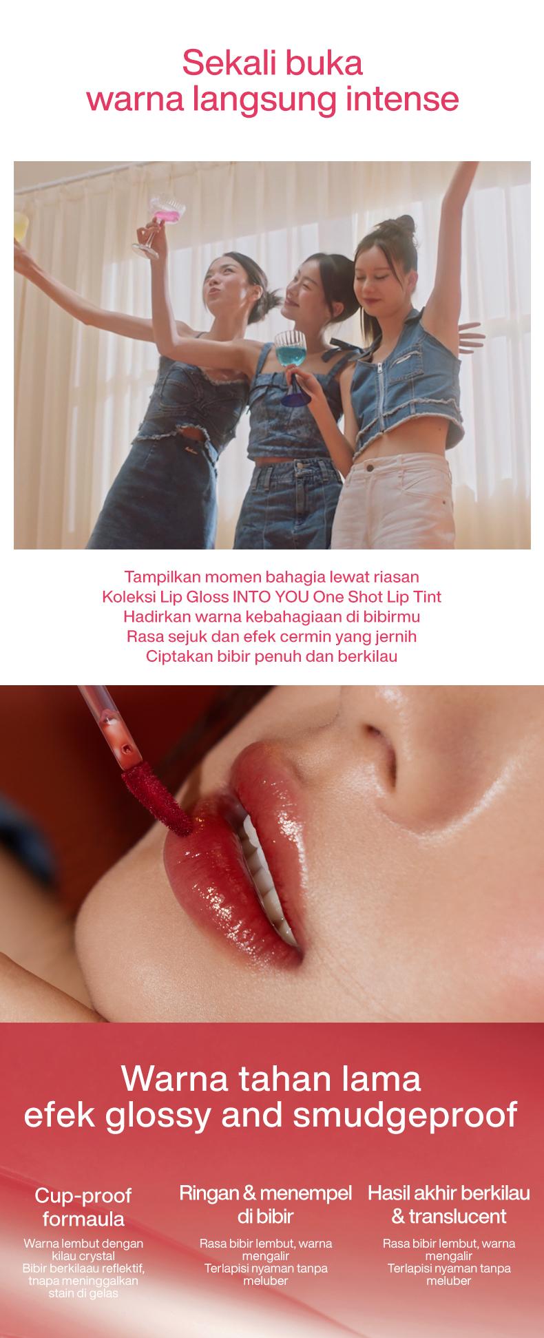 INTO YOU One Shot Lip Tint Glossy Water Finish Ringan Tahan Lama Tidak Transfer Bibir Lembap Natural