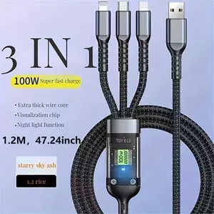 Sankeshu Kabel Pengisian 3 in 1 100W Super Fast Charge dengan Tampilan LCD Real-Time untuk Android Huawei & iOS 1.2M 47.24inch Konektor Ponsel Adaptor Cable Charger 3 in 1 Kompatibilitas USB Type-C dan iOS
