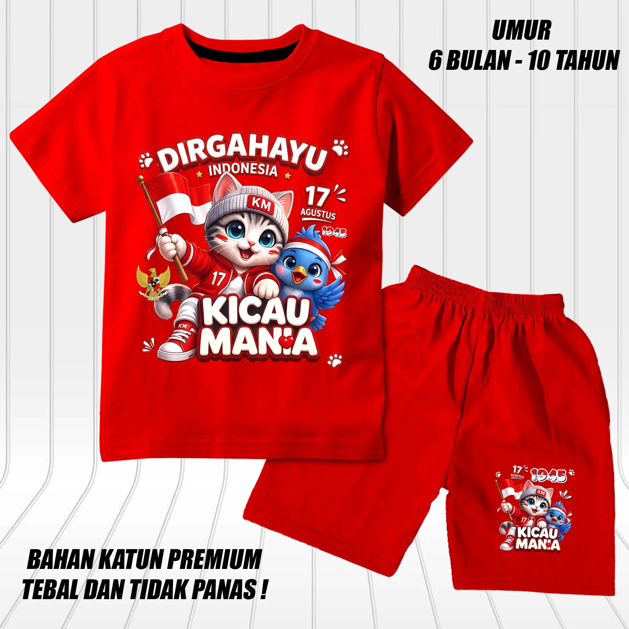 Setelan kaos anak laki laki perempuan merah putih dirgahayu ri 17 agustus 1945 katun kicau mania