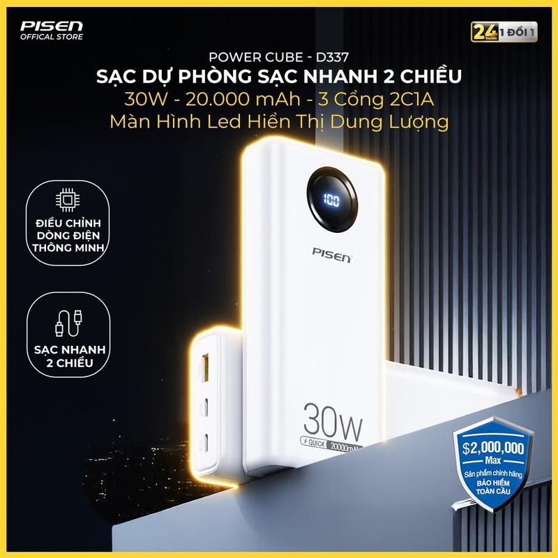 [PISEN] Sạc Dự Phòng Sạc Nhanh 30W 20000mAh, Sạc Nhanh 2 Chiều, Màn LED Hiển Thị Dung Lượng | Tương Thích iPhone & Android | PISEN QUICK Power Cube 30W 20000mAh | TS-D337 | Bảo Hành 18 Tháng (PCARE + 6 Tháng) | Bảo Hiểm 2 Triệu Đô
