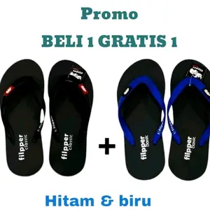 Beli 1 Gratis 1 Sandal Jepit Flipper Cllasik Sendal Jepit Spon Karet Eva Feel The Rubber Pria Casual Flipper Kekinian Hitam & Biru