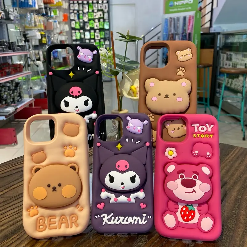 2in1 Luxury Silicone 3D Cute Cartoon With Pop Socket Standing Case 0