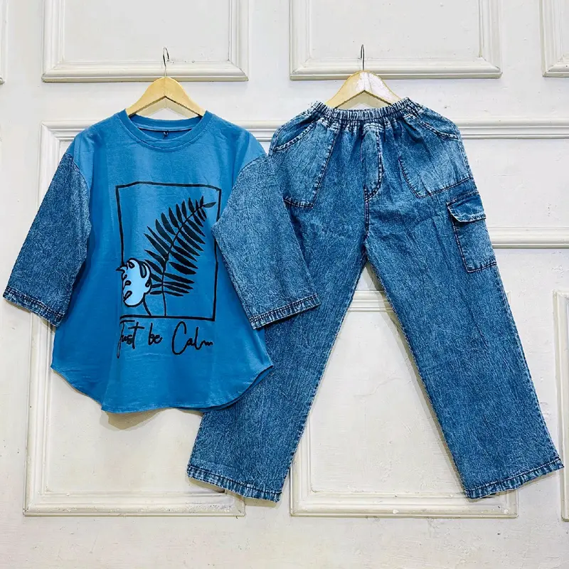 Adeva setelan combat kolaborasi dengan jeans Nyaman , setelan kaos dewasa wanita 5