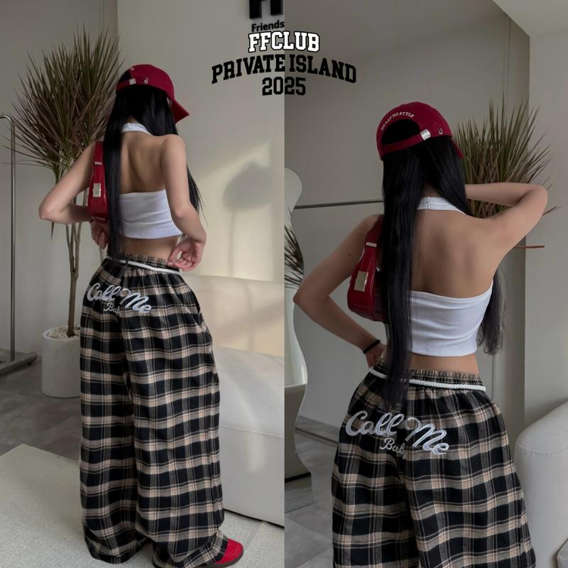 [CÓ TÁCH SET] QUẦN NỈ DẠ ỐNG RỘNG THÊU CALL ME BABY PHỐI DÂY THỪNG CARO - FRIENDS FOREVER CHÍNH HÃNG