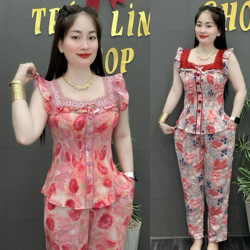 ĐỒ BỘ, BỘ DẬP LY, VẢI LỤA, TAY CÁNH TIÊN ,QUẦN DÀI ,  SIZE 45-70 KG. Nữ Tay ngắn