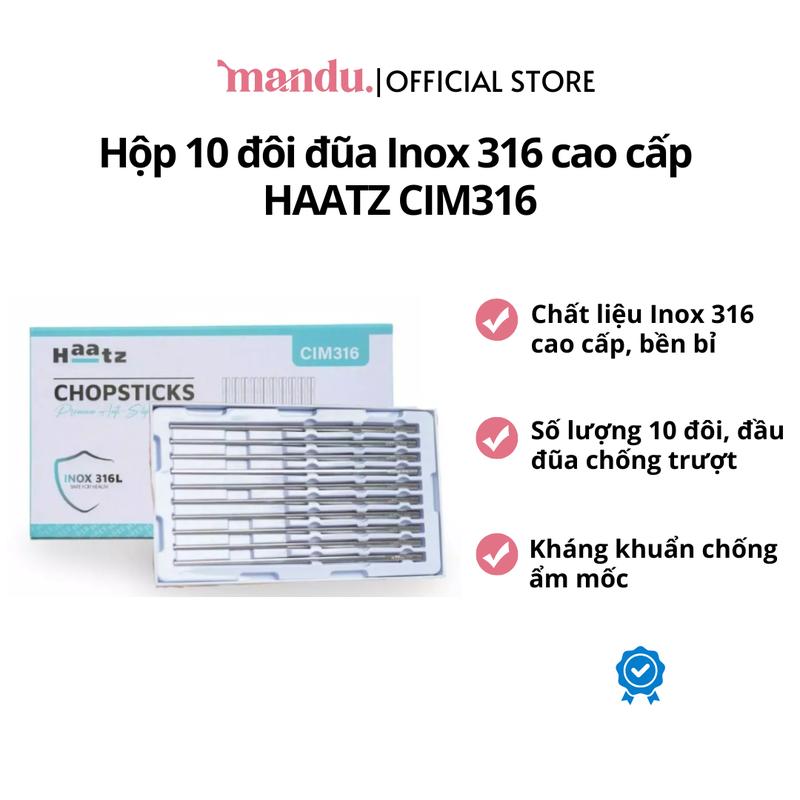  Hộp 10 đôi đũa Inox 316 cao cấp HAATZ CIM316 đầu đũa chống trượt kháng khuẩn dễ vệ sinh 