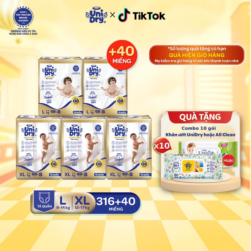 Combo 5 Tã quần UniDry Siêu mỏng Supreme size M L XL XXL + 40 miếng cho bé