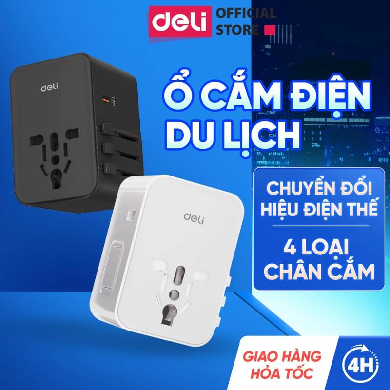 Ổ cắm điện du lịch quốc tế Deli bộ chuyển đổi đa năng 4 loại Chân Cắm Có Sạc Nhanh 20W USB TypeC
