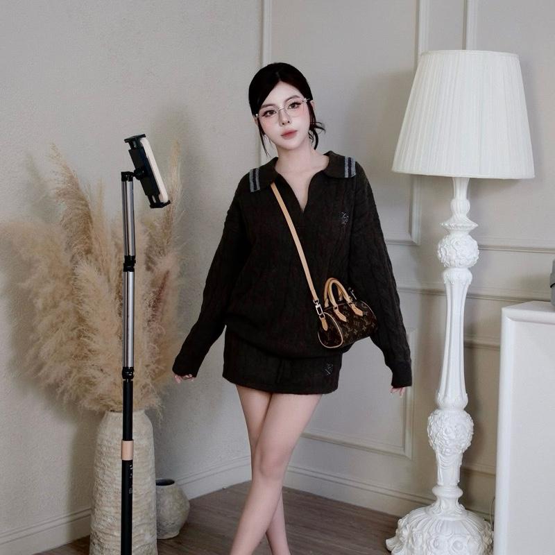 Set Len Nữ Set Len Thừng thêu Lowe áo cổ bẻ chân váy CÓ QUẦN BẢO HỘ bigsize