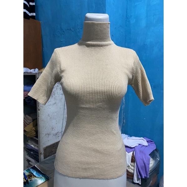 Atasan Rajut Wanita Turtleneck - Kerah Tinggi Lengan Pendek - Kaos Turtleneck Rib Tangan pendek 7