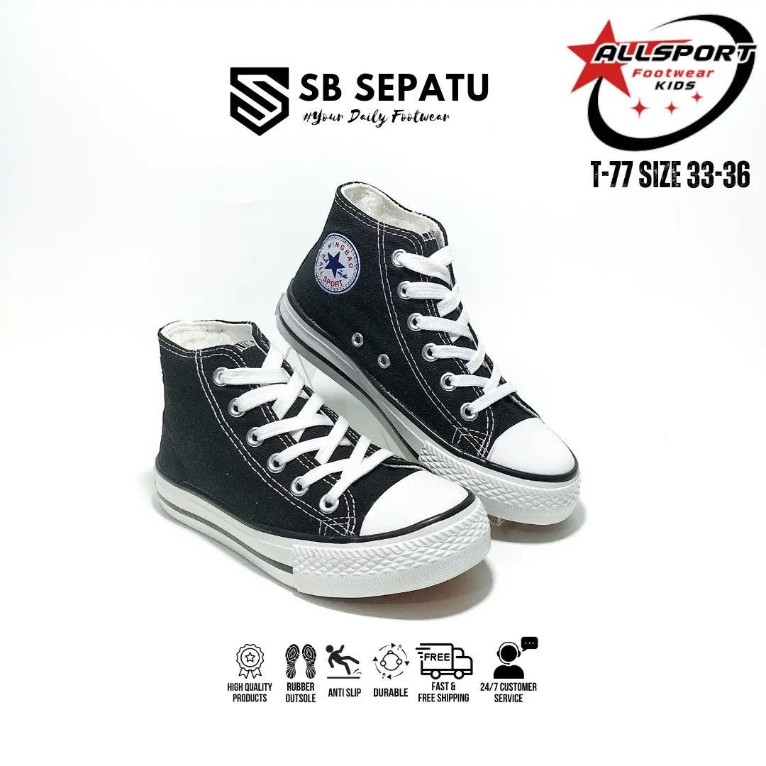SEPATU ALLSPORT MINGBAO HIGH KID'S BLACK T77 || SEPATU FASHION ANAK KOREA STYLE HITAM TINGGI || SEPATU SEKOLAH ANAK CEWEK COWOK || SEPATU KASUAL ANAK