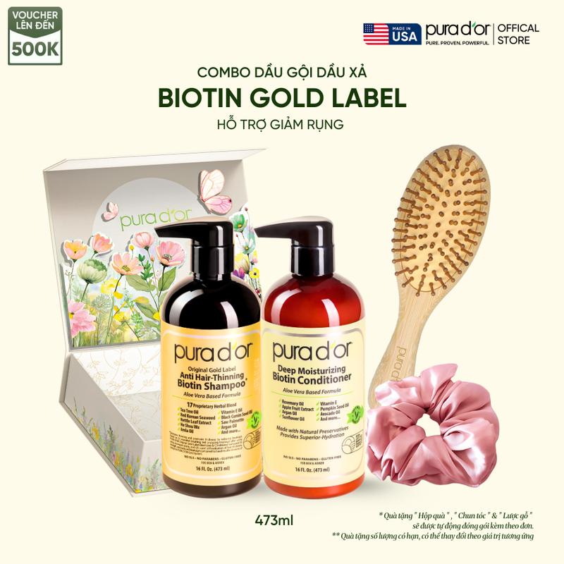   Hộp quà 20.11  Combo Dầu Gội và Dầu Xả Giảm Rụng Tóc Organic Pura D'or Biotin Gold Label 473ML | Chăm Sóc Tóc Chăm Sóc Da Đầu Dưỡng Tóc Hỗ Trợ Mọc Tóc - 1 