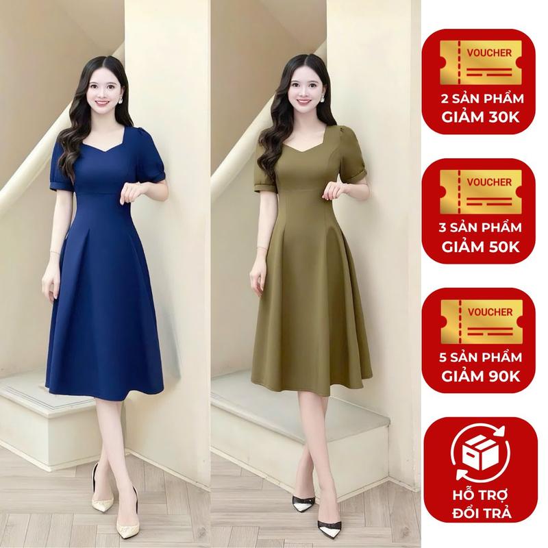 Đầm váy nữ thiết kế Nhật Vy cổ vuông tay ngắn dáng xoè bigsize chất lụa công sở văn phòng dự tiệc quà tặng vợ mẹ màu nâu xanh đen - D3476