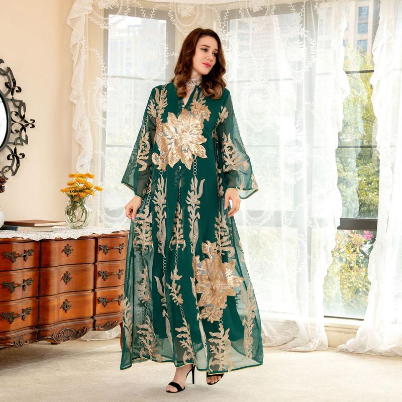 Product Introduction of Baju raya Middle East Cross border Golden Pearl Embroidered Yarn Muslim Female Jalabiya Dubai Arab Abaya 6