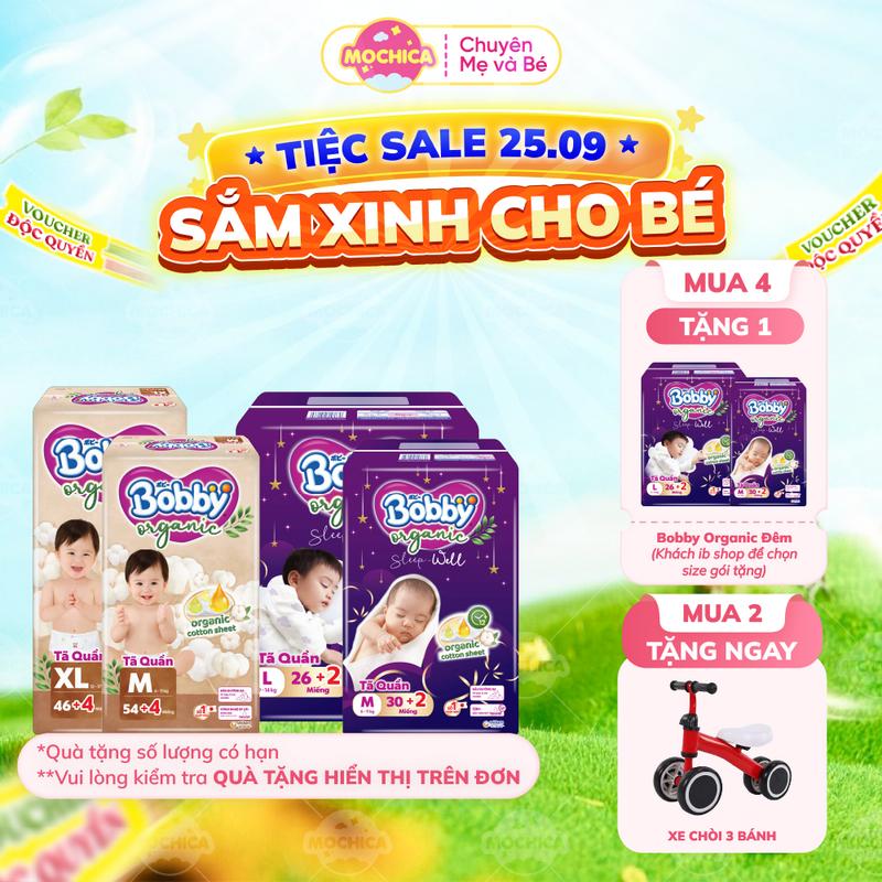 [24.9 MUA 2 TẶNG XE CHÒI 3 BÁNH] Tã/Bỉm Quần Bobby Organic Cotton Hữu Cơ, Thoáng Khí, Chống Tràn - Size M/L/XL/XXL/XXXL