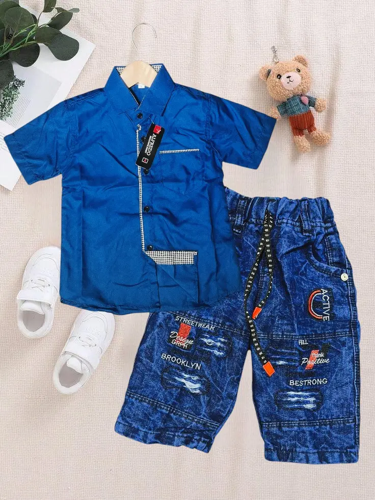 Setelan Kemeja Polos Celana Denim Sobek Blue Pendek Untuk Usia Anak 1-12 Tahun