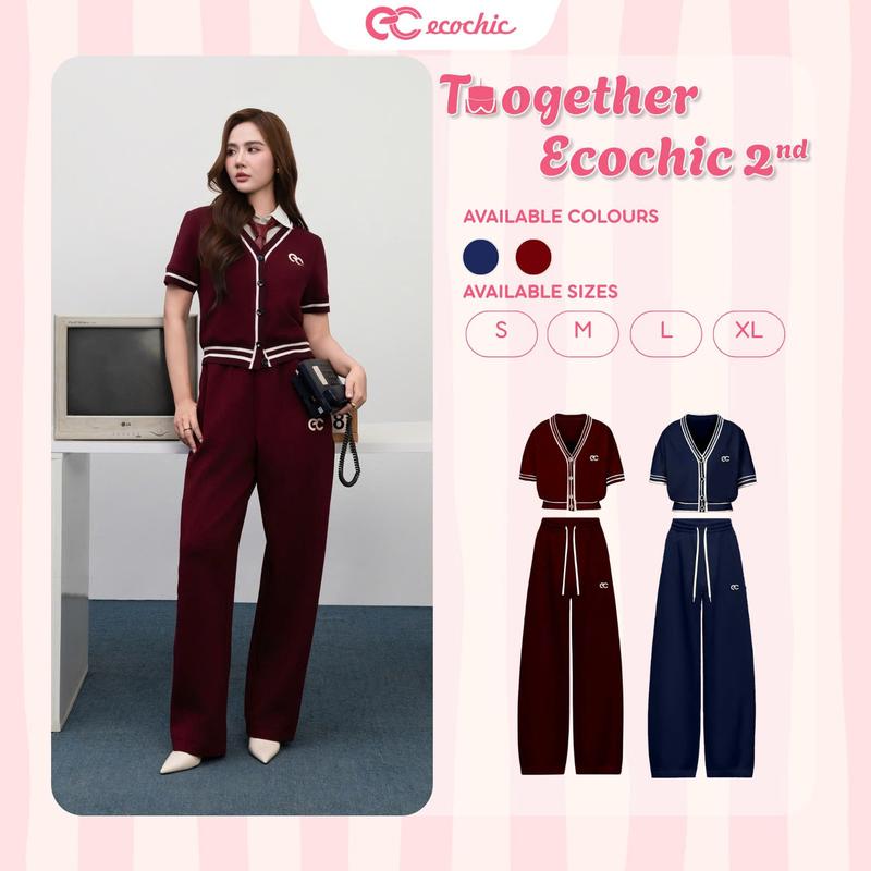 Set Bộ Cadigan Thu Đông ECOCHIC Áo Cọc Viền Sọc Gài Nút Sang Trọng Quần Dài Logo Thêu Cao Cấp B175