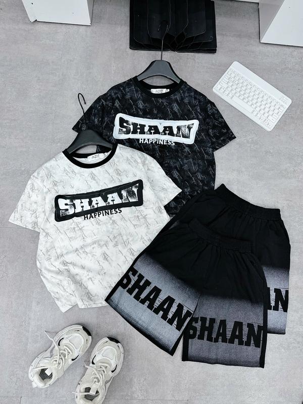Bộ quần áo cộc tay in loang hình SHAAN chất cotton cao cấp mềm mát, co giãn thoải mái màu trắng và đen cho bé trai từ 17-60kg