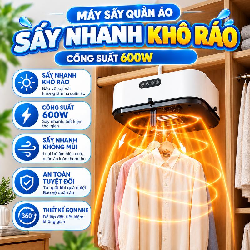Máy Sấy Quần Áo Gấp Gọn 600W, Tủ Sấy Quần Áo Di Động Mini Công Nghệ Sấy 3D Có Hẹn Giờ Tự Động Tắt, Bảo Hành 12 Tháng