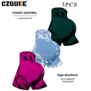 CZGUKE conjunto de 3 pzas para mujer: shorts deportivos tipo bicicleta con tiro alto y estampado tie-dye, súper suaves, transpirables, para correr, yoga y gimnasio