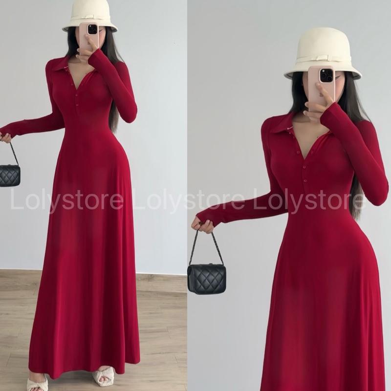  Đầm body nữ maxi dáng xoè cổ bẻ đứng form tay dài ôm eo phong cách thời trang đơn giản thanh lịch sang chảnh XV614 