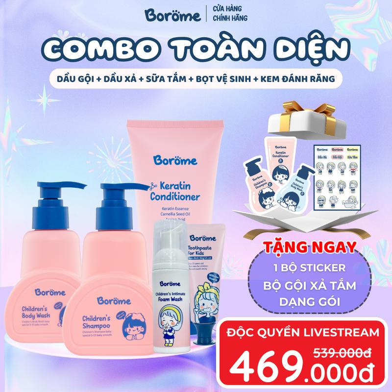 ĐỘC QUYỀN LIVESTREAM COMBO TOÀN DIỆN Dầu gội + Dầu xả + Sữa Tắm + Bọt vệ sinh + Kem đánh răng trẻ em Borome + Tặng bộ gội xả tắm dạng gói