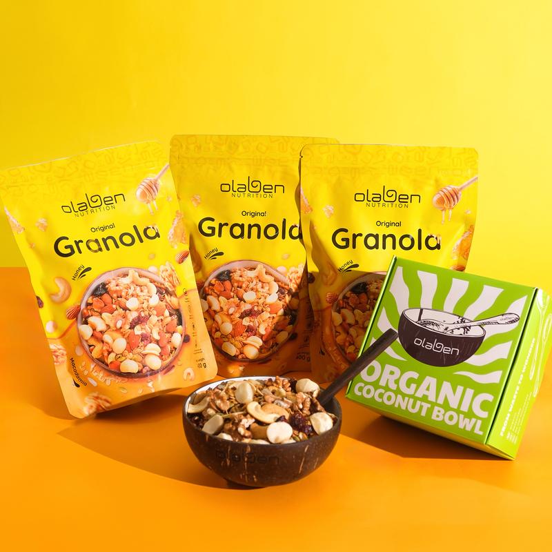 Combo 3 Túi 400gr Granola Siêu Hạt Vị Truyền Thống Tặng 1 Bộ Bát Muỗng Dừa By OLABEN NUTRITION - Granola Lovers Set