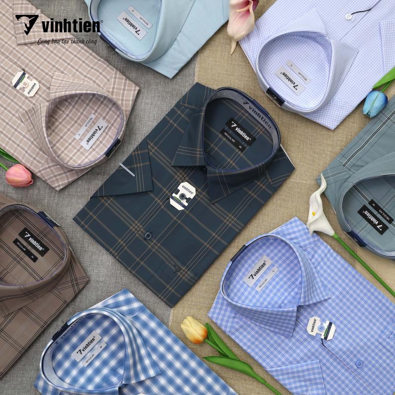  Áo Sơ Mi Nam Ngắn Tay Caro Vải Bamboo Vạt Ngang Form Regular Vĩnh Tiến 376 