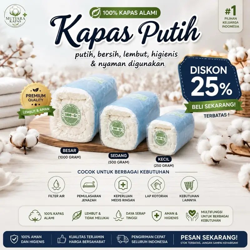 Kapas Pembalut Putih Berat 250gram,500gram & 1000g - Multifungsi & Ekonomis Cocok untuk filter air,keperluan medis,pemulasaran jenazah,lap kotoran dan kebutuhan lainnya