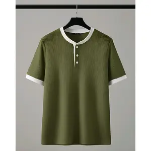 Kaos Hanley Lengan Pendek Pria Waffle Knit Atasan Pria Model Kancing 3 Variasi Basic Tshirt