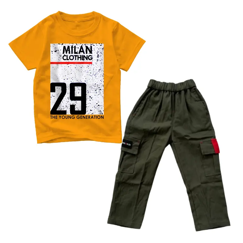 1 Set Pakaian Anak Cowok Kaos Distro Celana Cargo Panjang Bahan Katun Usia 3,5-12 Tahun 4