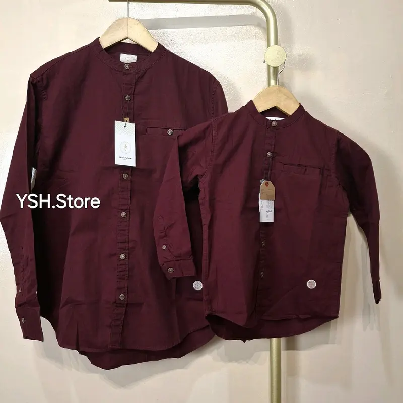 Merah MAROON Baju Koko Kemko Couple Ayah Dan Anak Lengan Panjang dan Pendek Full Kancing dan Kancing 1/2 Katun Twill Terbaru Sajuak Original Dewasa Formal 0