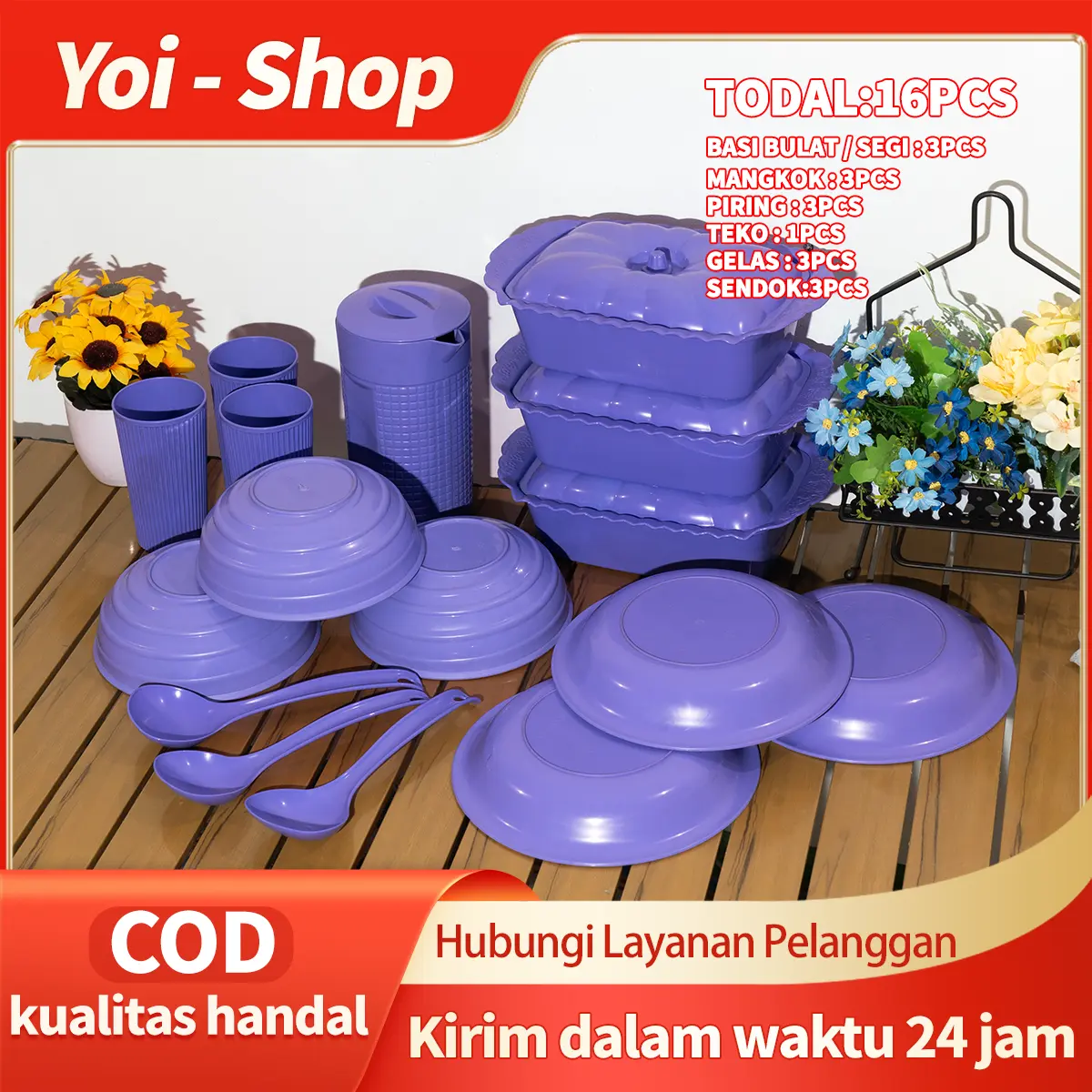 Yoi - (16 Pcs)  Set Peralatan Makan / Set Piring, Mangkuk, Teko, dan Gelas / Cocok untuk Acara Makan Bulat yang Spesial / Sendok 3 Pcs Basi Bulat & Basi Segi 3 Piring 3 Mangkuk 3 Teko 1 Gelas Plastik Sayur Kitchenware